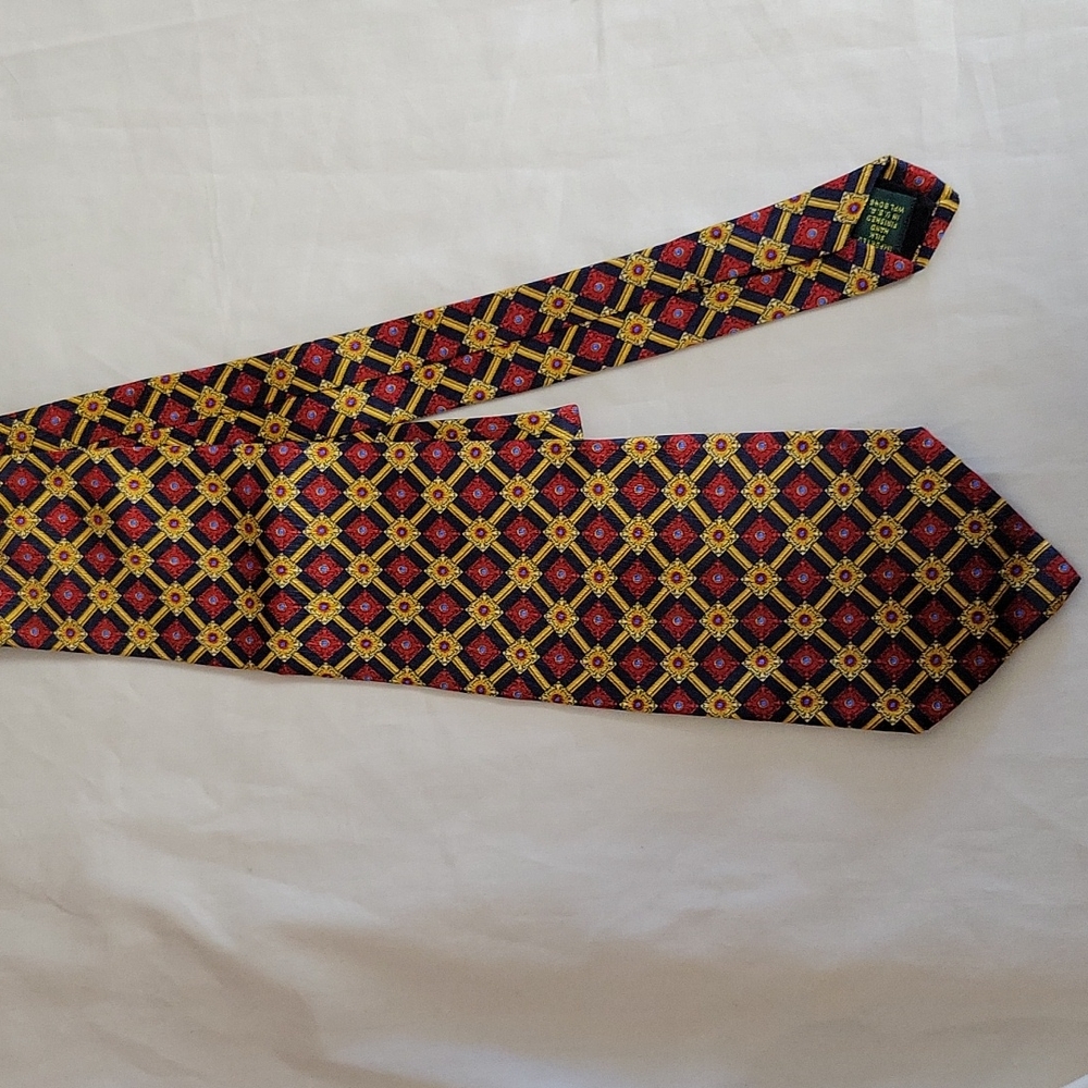 Vintage Men's Club Room 100% Imported Silk Tie Gold Red & Blue Grid Pattern NWT